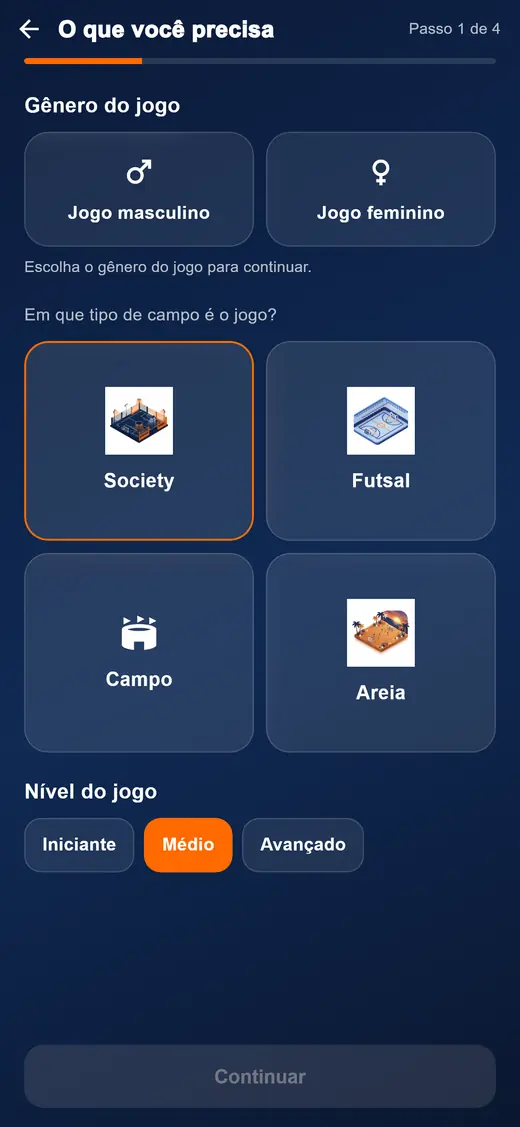 Tela do app: escolha do gênero do jogo e do tipo de campo