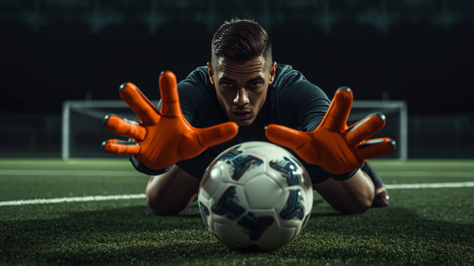 Goleiro de luvas laranja se esticando para agarrar a bola no gramado