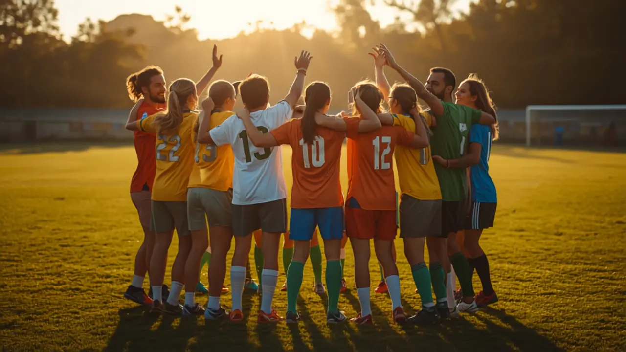 Time reunido em roda no campo ao pôr do sol